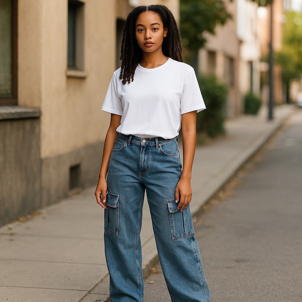 J. GALT Brandy Melville SZ S (30" waist) Blue Cargo Pockets Wide Leg Baggy Jeans